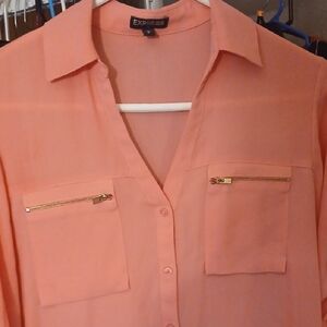 Express Coral Button-Up Shirt with Gold Zippers